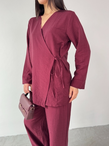 TKM-03686 Bordo Çapraz Bağlamalı Salaş Kimono Takım - 4