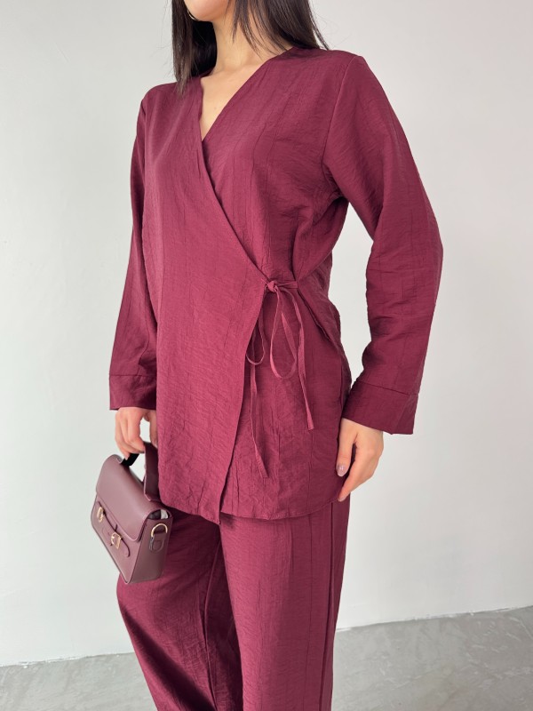 TKM-03686 Bordo Çapraz Bağlamalı Salaş Kimono Takım - 4
