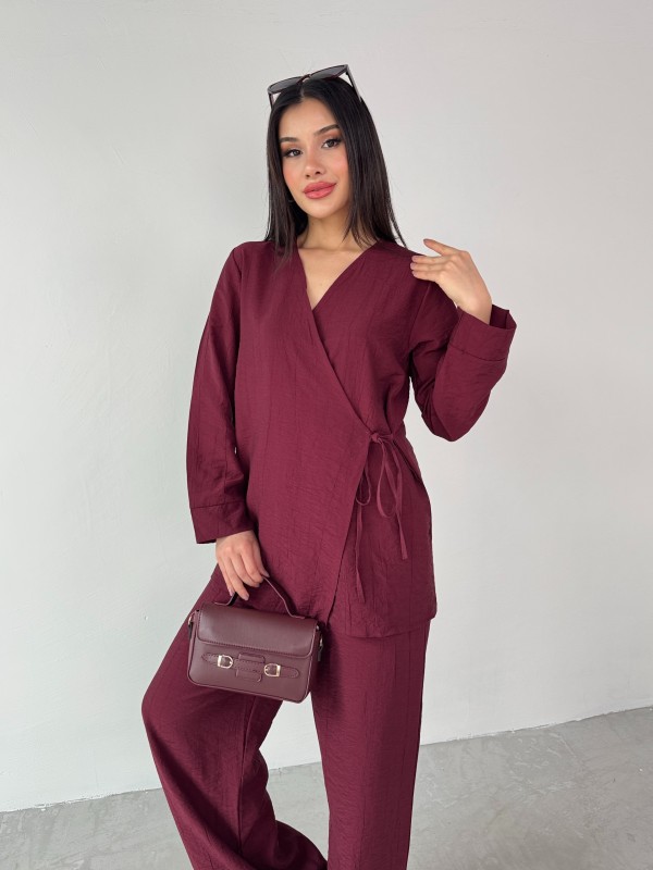 TKM-03686 Bordo Çapraz Bağlamalı Salaş Kimono Takım - 5