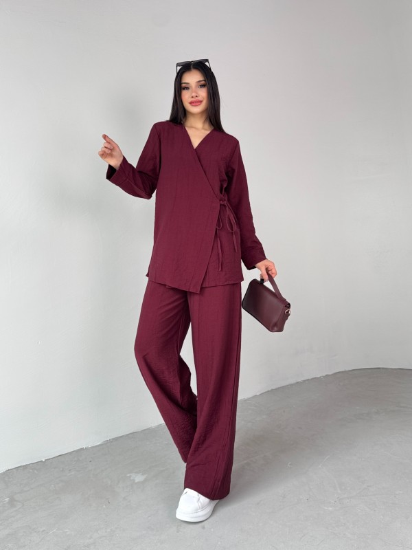 TKM-03686 Bordo Çapraz Bağlamalı Salaş Kimono Takım - 6