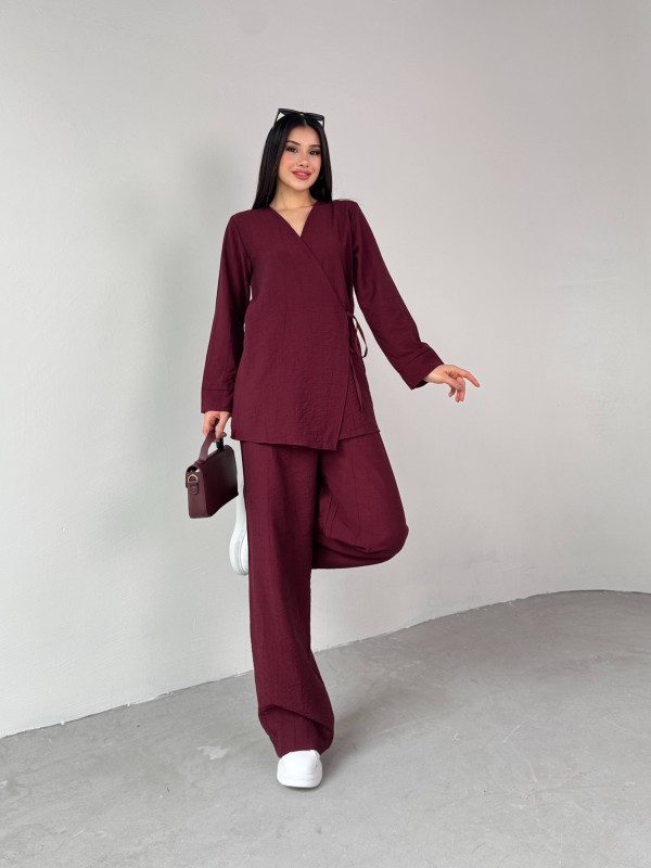 TKM-03686 Bordo Çapraz Bağlamalı Salaş Kimono Takım - 7