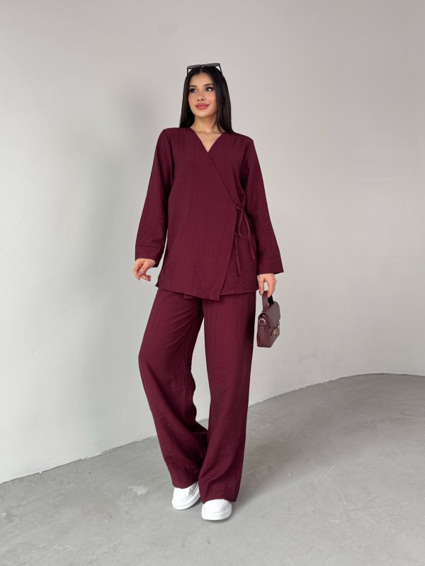 TKM-03686 Bordo Çapraz Bağlamalı Salaş Kimono Takım - 8