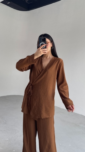 Cappmoda - TKM-03686 Kahverengi Çapraz Bağlamalı Salaş Kimono Takım (1)
