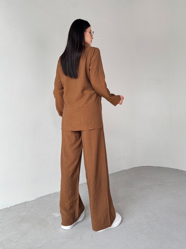 TKM-03686 Kahverengi Çapraz Bağlamalı Salaş Kimono Takım