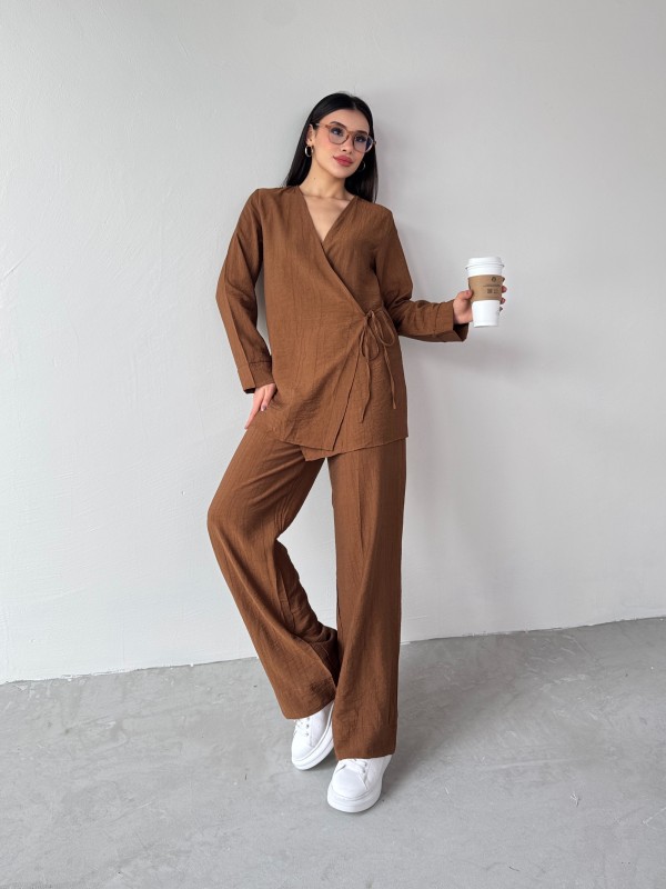 TKM-03686 Kahverengi Çapraz Bağlamalı Salaş Kimono Takım