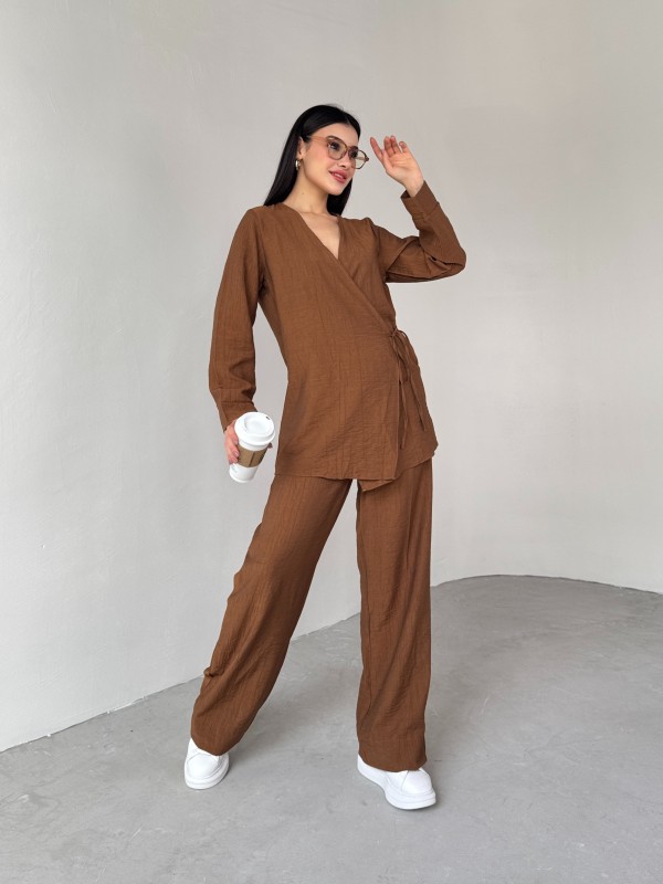 TKM-03686 Kahverengi Çapraz Bağlamalı Salaş Kimono Takım