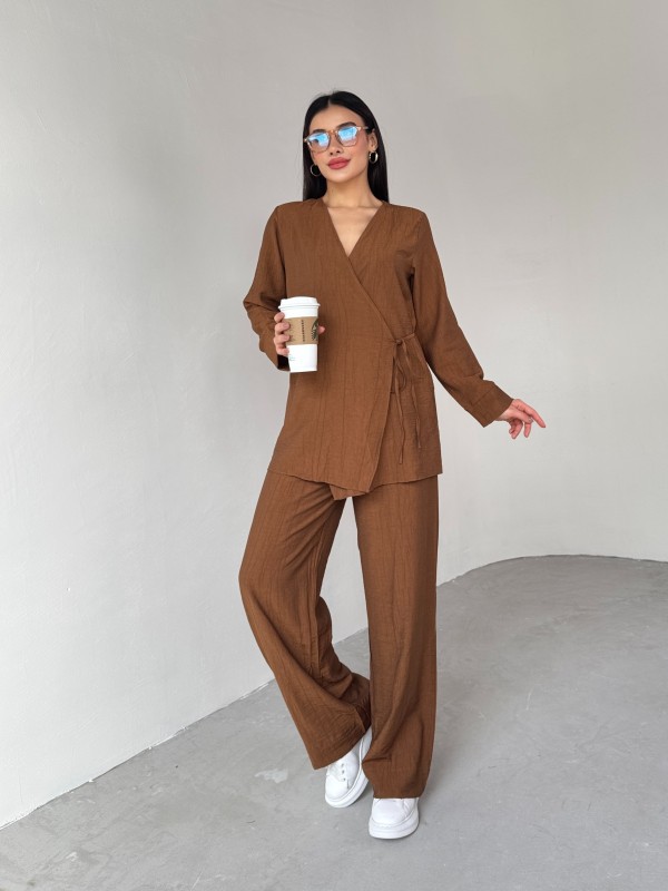 TKM-03686 Kahverengi Çapraz Bağlamalı Salaş Kimono Takım