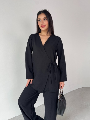 Cappmoda - TKM-03686 Siyah Çapraz Bağlamalı Salaş Kimono Takım (1)