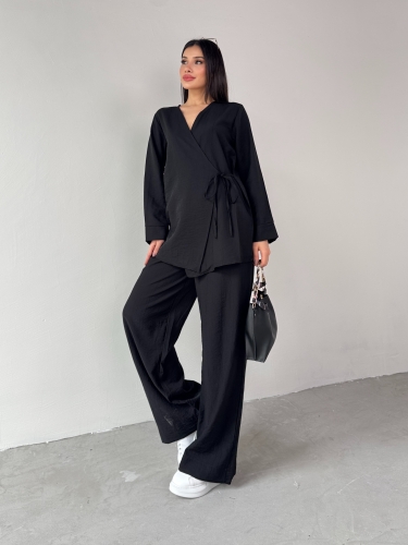 TKM-03686 Siyah Çapraz Bağlamalı Salaş Kimono Takım - 4