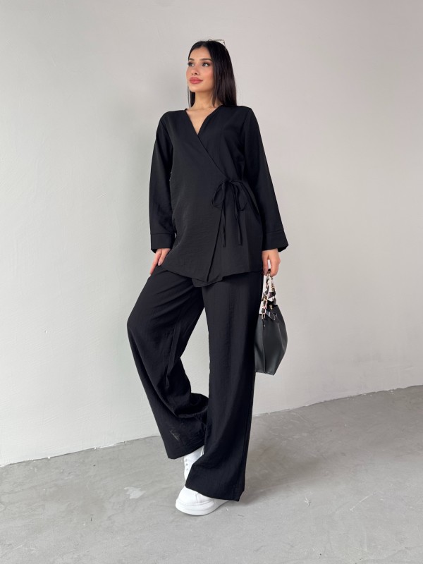 TKM-03686 Siyah Çapraz Bağlamalı Salaş Kimono Takım - 4