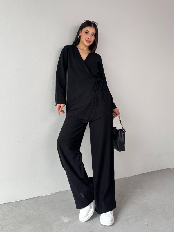 TKM-03686 Siyah Çapraz Bağlamalı Salaş Kimono Takım - 5