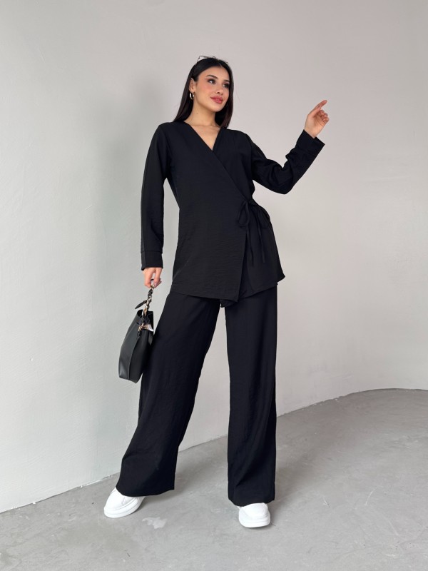 TKM-03686 Siyah Çapraz Bağlamalı Salaş Kimono Takım - 1