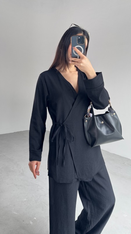 TKM-03686 Siyah Çapraz Bağlamalı Salaş Kimono Takım - 6
