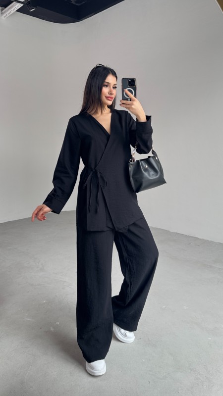TKM-03686 Siyah Çapraz Bağlamalı Salaş Kimono Takım - 7
