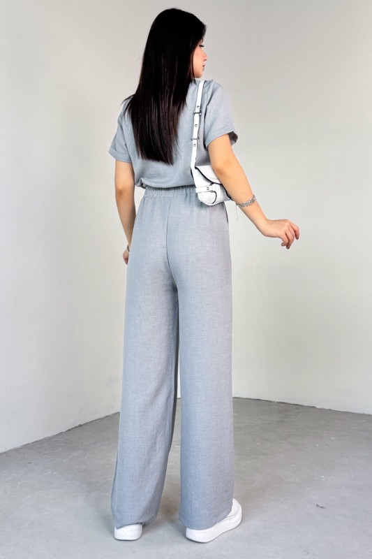 TKM-03687 Gri İki Cepli Düğmeli Crop Gömlek Bel Lasitkli Pantolon İkili Takım - 4