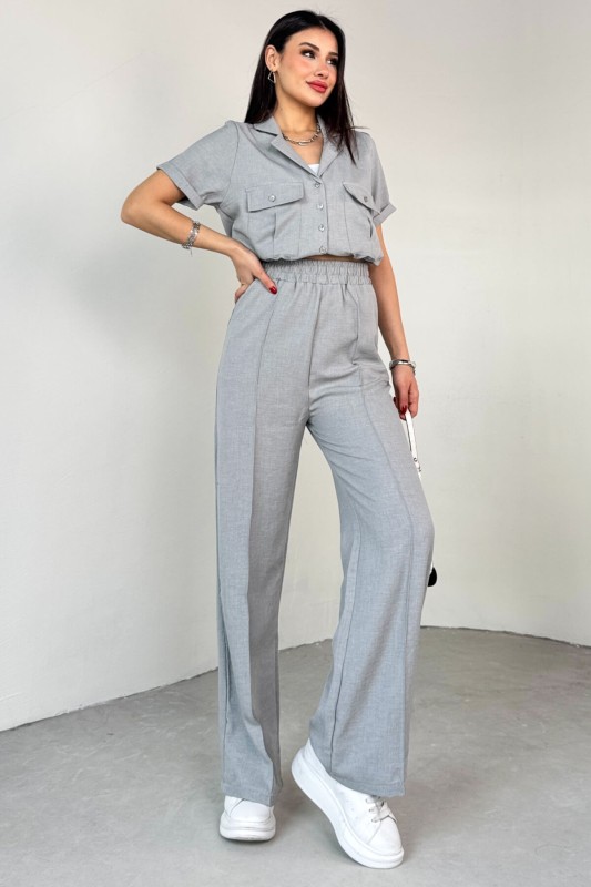 TKM-03687 Gri İki Cepli Düğmeli Crop Gömlek Bel Lasitkli Pantolon İkili Takım - 6
