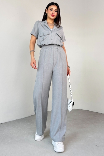 TKM-03687 Gri İki Cepli Düğmeli Crop Gömlek Bel Lasitkli Pantolon İkili Takım - 7