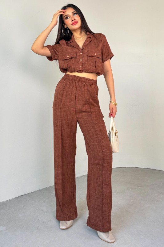 TKM-03687 Kahverengi İki Cepli Düğmeli Crop Gömlek Bel Lasitkli Pantolon İkili Takım - 7