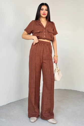 TKM-03687 Kahverengi İki Cepli Düğmeli Crop Gömlek Bel Lasitkli Pantolon İkili Takım - 8