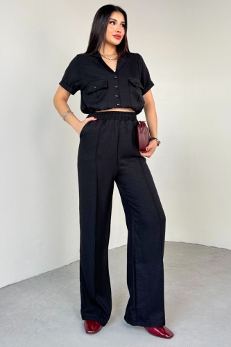 TKM-03687 Siyah İki Cepli Düğmeli Crop Gömlek Bel Lasitkli Pantolon İkili Takım 