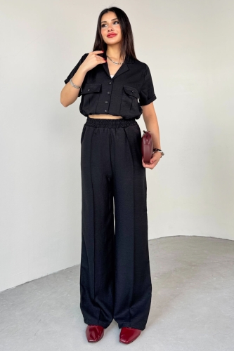 TKM-03687 Siyah İki Cepli Düğmeli Crop Gömlek Bel Lasitkli Pantolon İkili Takım - 9