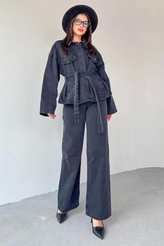 TKM-03688 Siyah Denim Kuşaklı Ceket Jean İkili Takım - Thumbnail