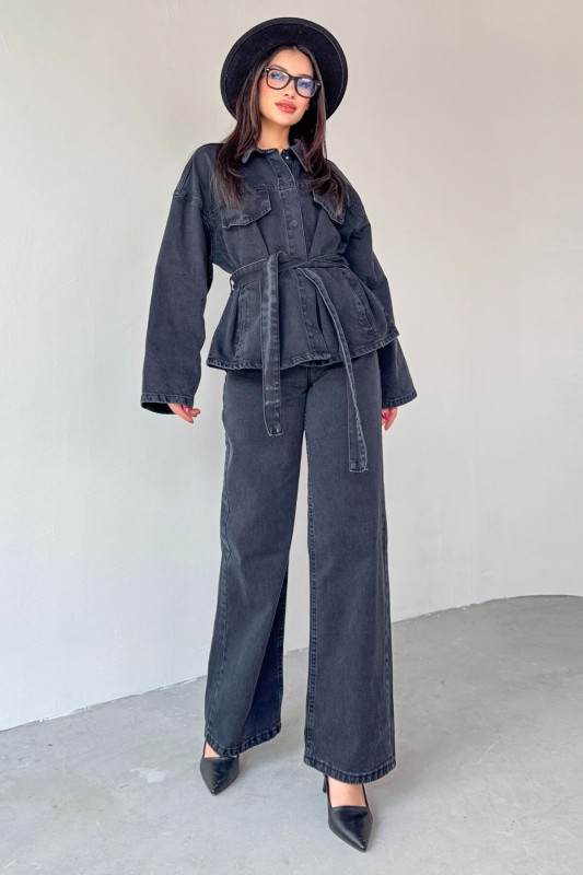 TKM-03688 Siyah Denim Kuşaklı Ceket Jean İkili Takım