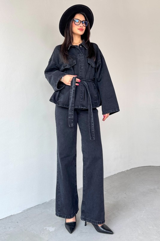 TKM-03688 Siyah Denim Kuşaklı Ceket Jean İkili Takım