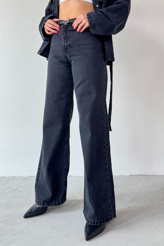 TKM-03688 Siyah Denim Kuşaklı Ceket Jean İkili Takım