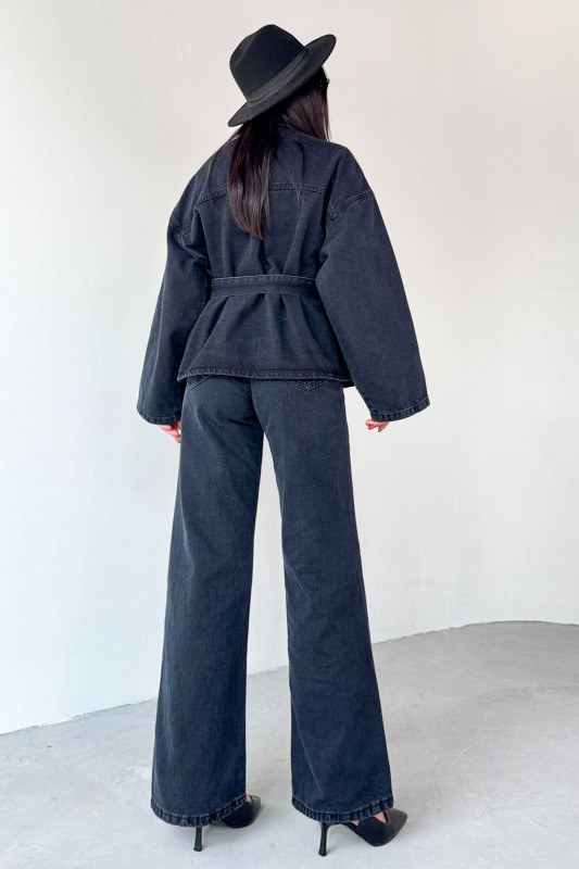 TKM-03688 Siyah Denim Kuşaklı Ceket Jean İkili Takım