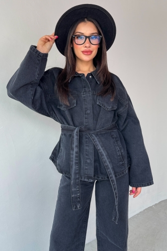 Cappmoda - TKM-03688 Siyah Denim Kuşaklı Ceket Jean İkili Takım (1)