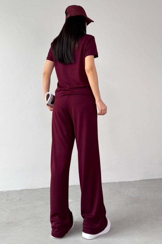 TKM-03690 Bordo Polo Yaka Bluz Salaş Pantolon İkili Takım - 3