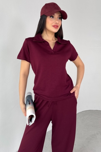 TKM-03690 Bordo Polo Yaka Bluz Salaş Pantolon İkili Takım - 2