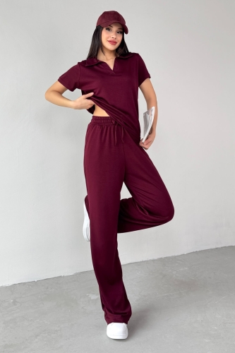 TKM-03690 Bordo Polo Yaka Bluz Salaş Pantolon İkili Takım - 4