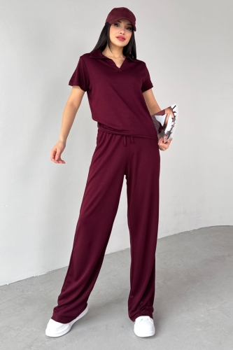 TKM-03690 Bordo Polo Yaka Bluz Salaş Pantolon İkili Takım 