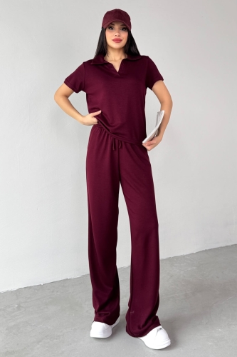 TKM-03690 Bordo Polo Yaka Bluz Salaş Pantolon İkili Takım - 5