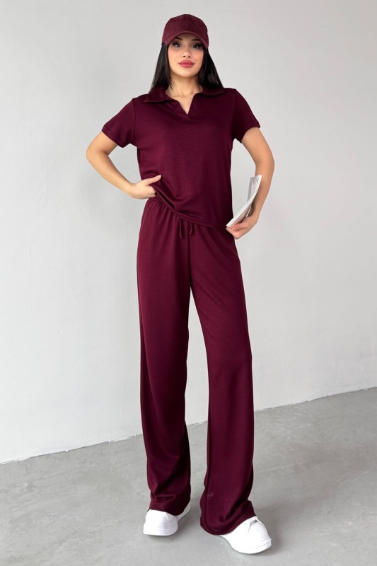 TKM-03690 Bordo Polo Yaka Bluz Salaş Pantolon İkili Takım - 5