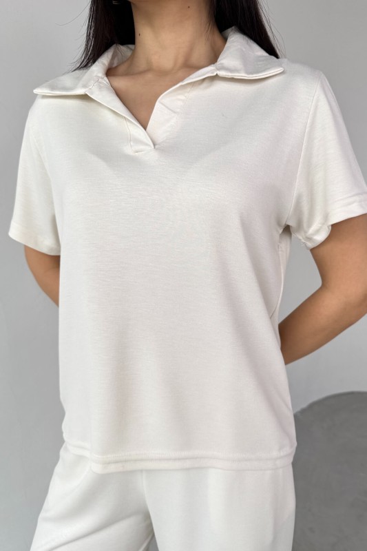 TKM-03690 Ekru Polo Yaka Bluz Salaş Pantolon İkili Takım - 4