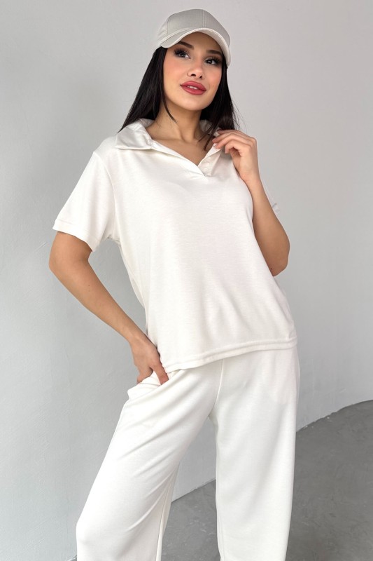 TKM-03690 Ekru Polo Yaka Bluz Salaş Pantolon İkili Takım - 5