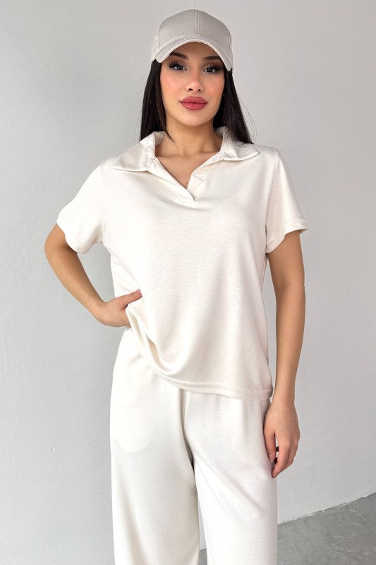 TKM-03690 Ekru Polo Yaka Bluz Salaş Pantolon İkili Takım - 2