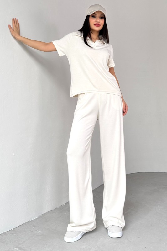 TKM-03690 Ekru Polo Yaka Bluz Salaş Pantolon İkili Takım - 3