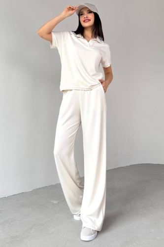 TKM-03690 Ekru Polo Yaka Bluz Salaş Pantolon İkili Takım 