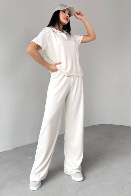 TKM-03690 Ekru Polo Yaka Bluz Salaş Pantolon İkili Takım - 6