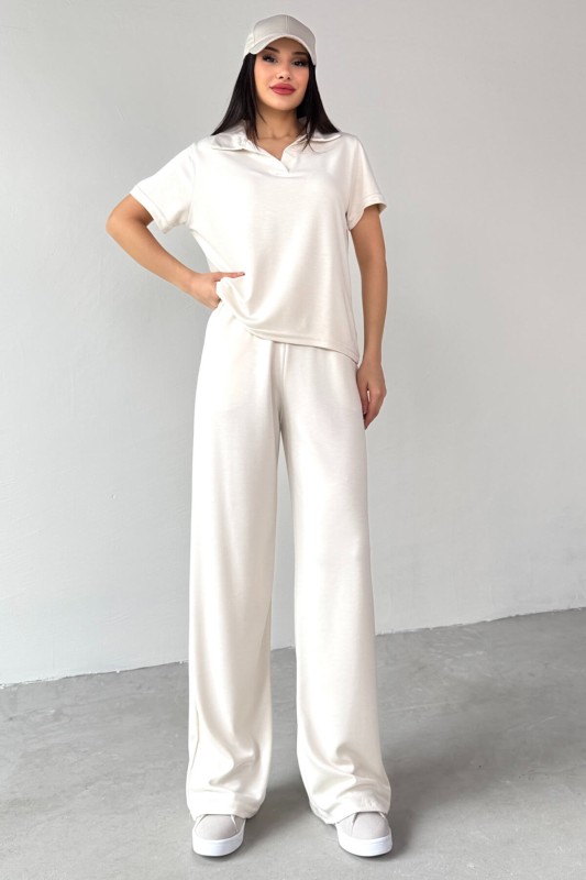 TKM-03690 Ekru Polo Yaka Bluz Salaş Pantolon İkili Takım - 7