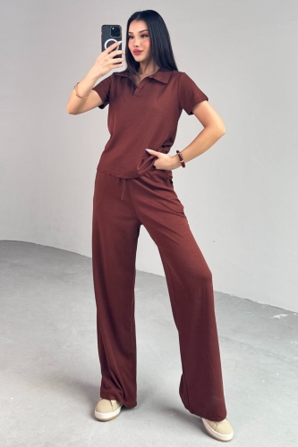 Cappmoda - TKM-03690 Kahverengi Polo Yaka Bluz Salaş Pantolon İkili Takım (1)