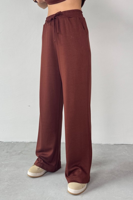 TKM-03690 Kahverengi Polo Yaka Bluz Salaş Pantolon İkili Takım
