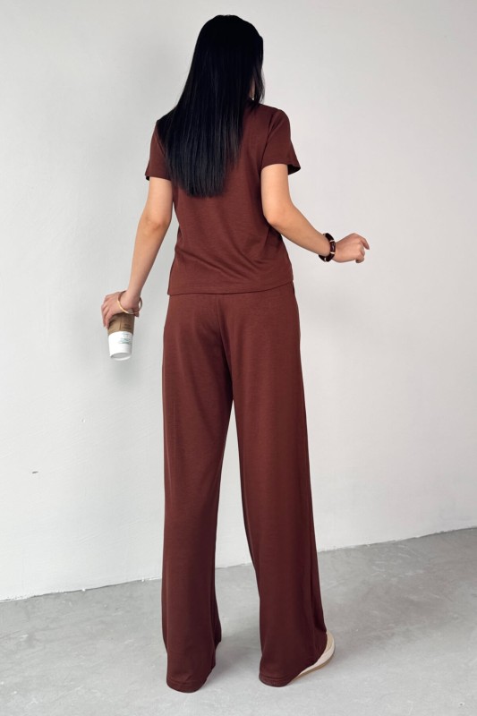 TKM-03690 Kahverengi Polo Yaka Bluz Salaş Pantolon İkili Takım