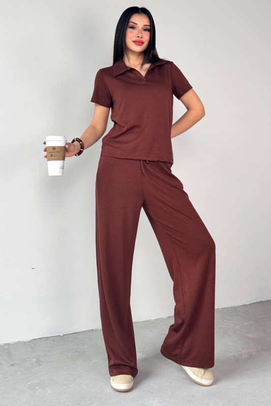 TKM-03690 Kahverengi Polo Yaka Bluz Salaş Pantolon İkili Takım