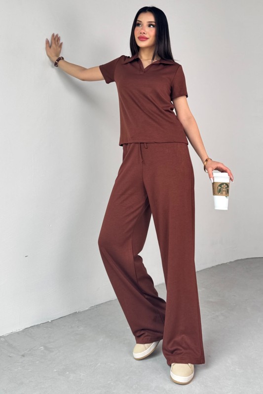 TKM-03690 Kahverengi Polo Yaka Bluz Salaş Pantolon İkili Takım