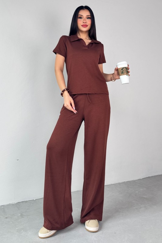 TKM-03690 Kahverengi Polo Yaka Bluz Salaş Pantolon İkili Takım